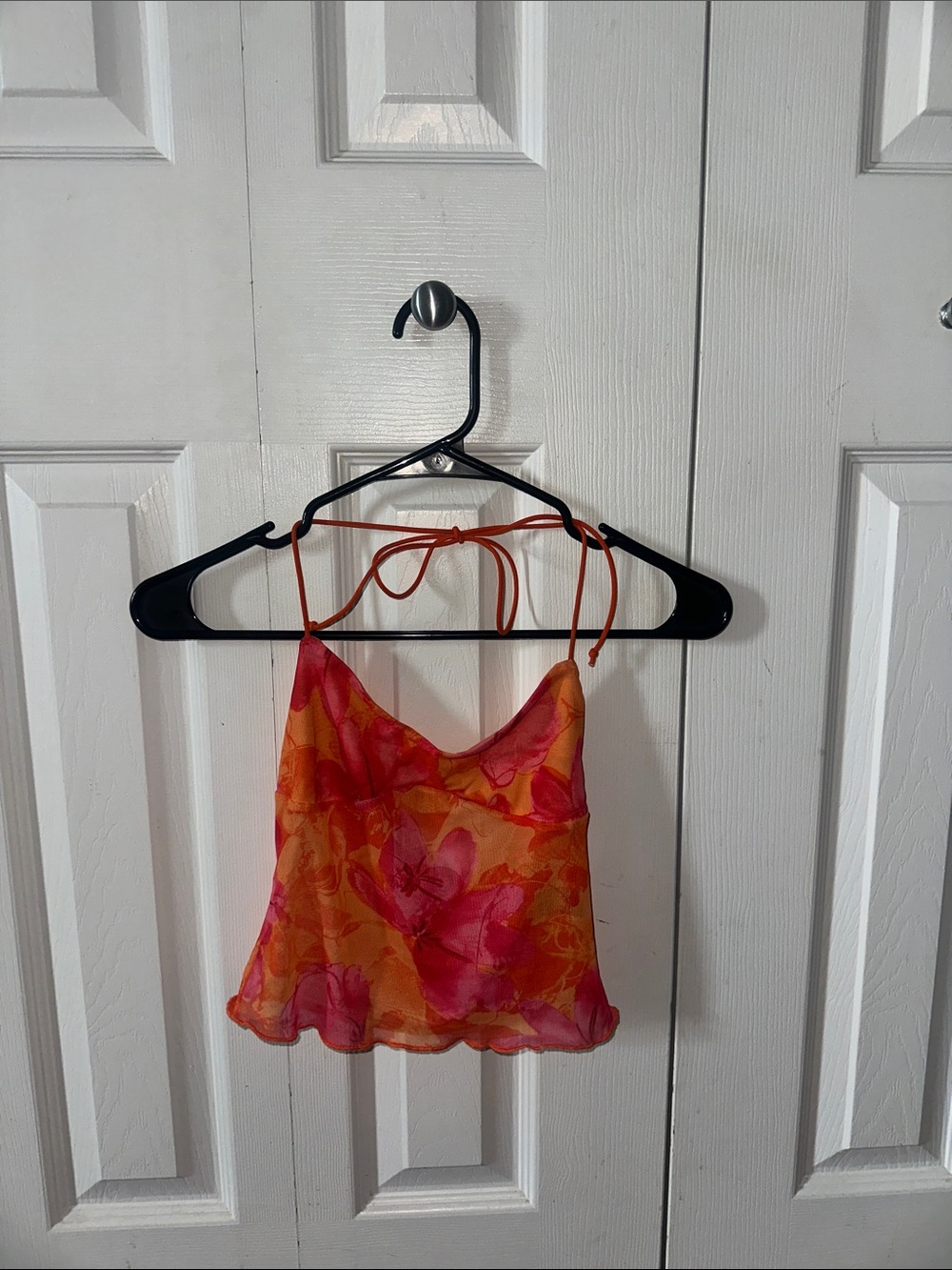 SHEIN Pink and Orange Flower Mesh Halter Top